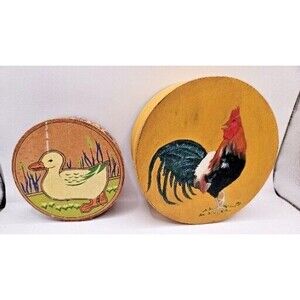 2 Wooden Trinket Box Round decorative ROOSTER DUCK 6 inch 4.5 inch  handpainted